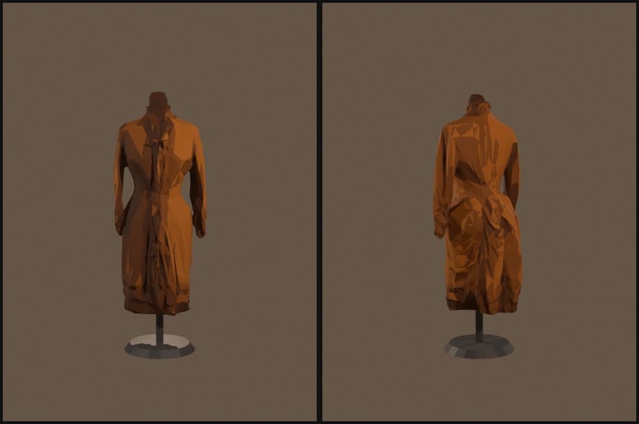 A pilot garment's 3D scan, front and back, on a dress form