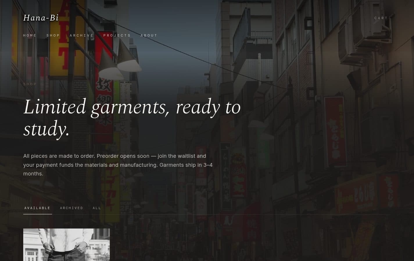 The Hana-Bi shop page with Available and Archived tabs