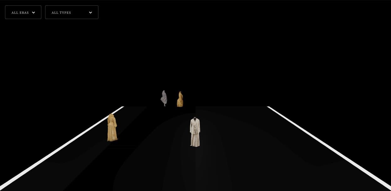 Scanned garments walking a black 3D runway, with era and type filters